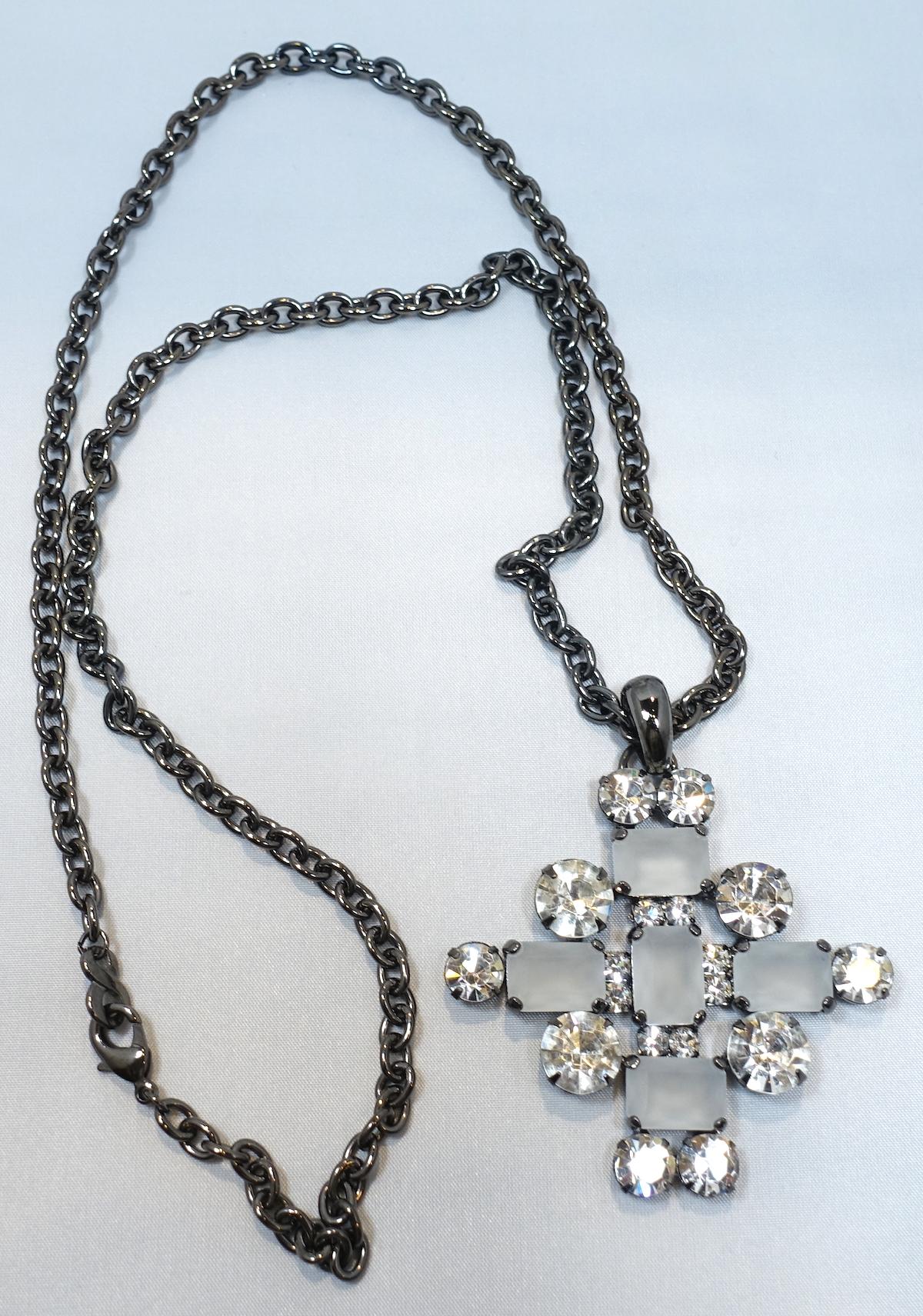 Women's or Men's Signed Kenneth Jay Lane KJL Crystal Maltese Cross Pendant Necklace For Sale