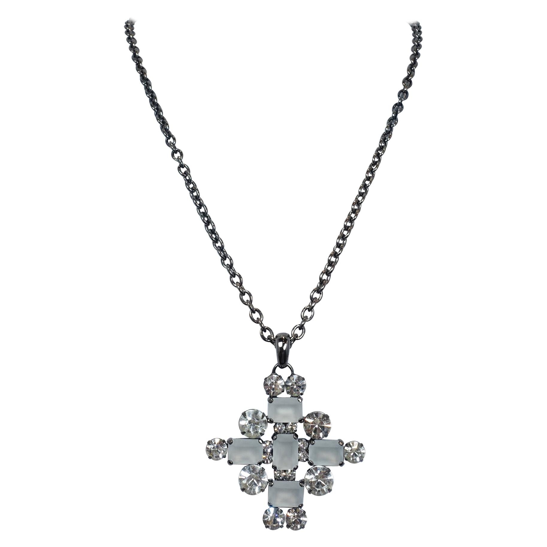 Signed Kenneth Jay Lane KJL Crystal Maltese Cross Pendant Necklace For Sale
