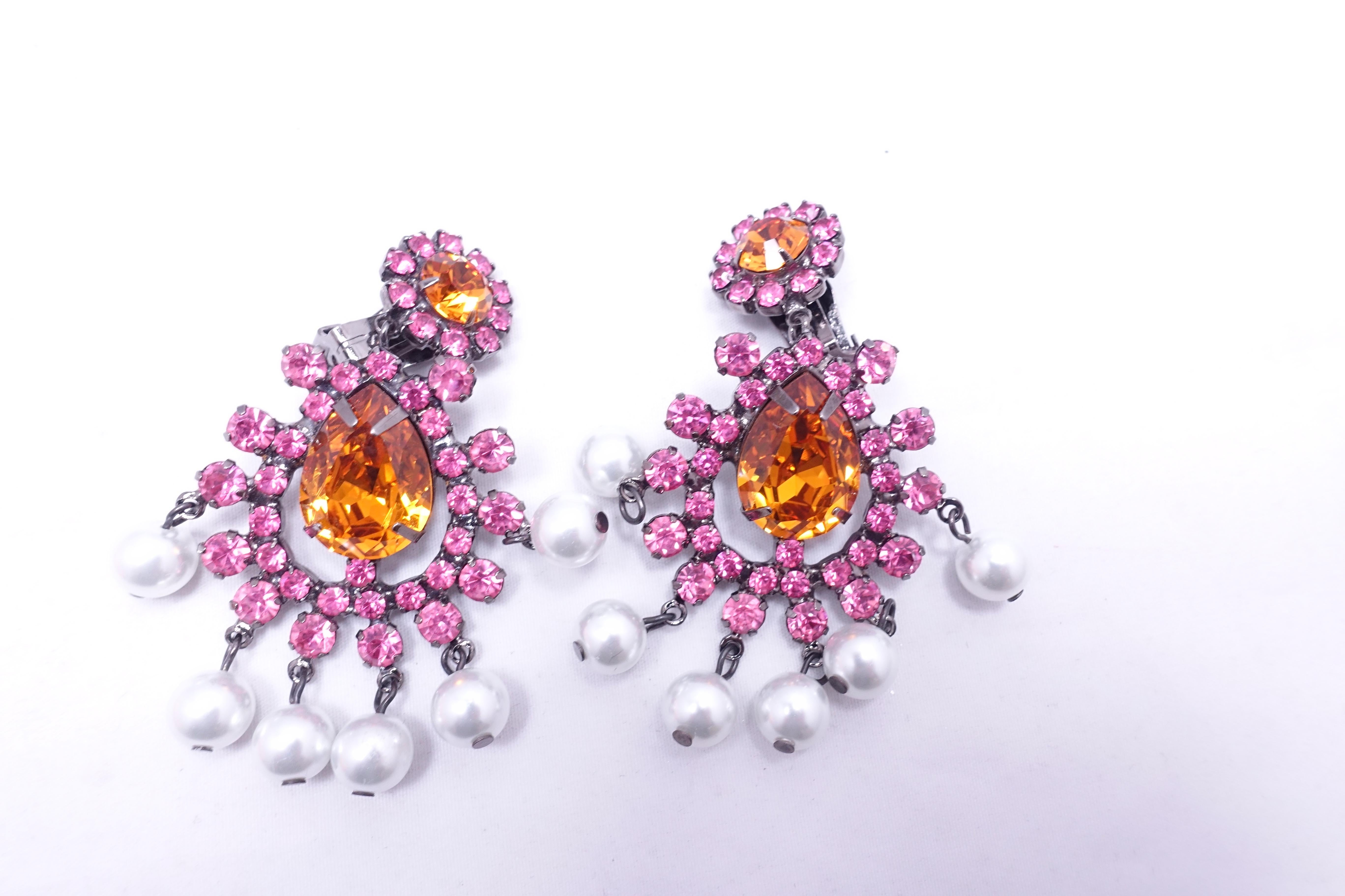 Women's Signed Kenneth Lane Faux Pearl, Pink & Citrine Crystal Earrings For Sale