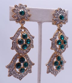 Signed Kenneth Lane Green and Clear Crystal Drop Earrings