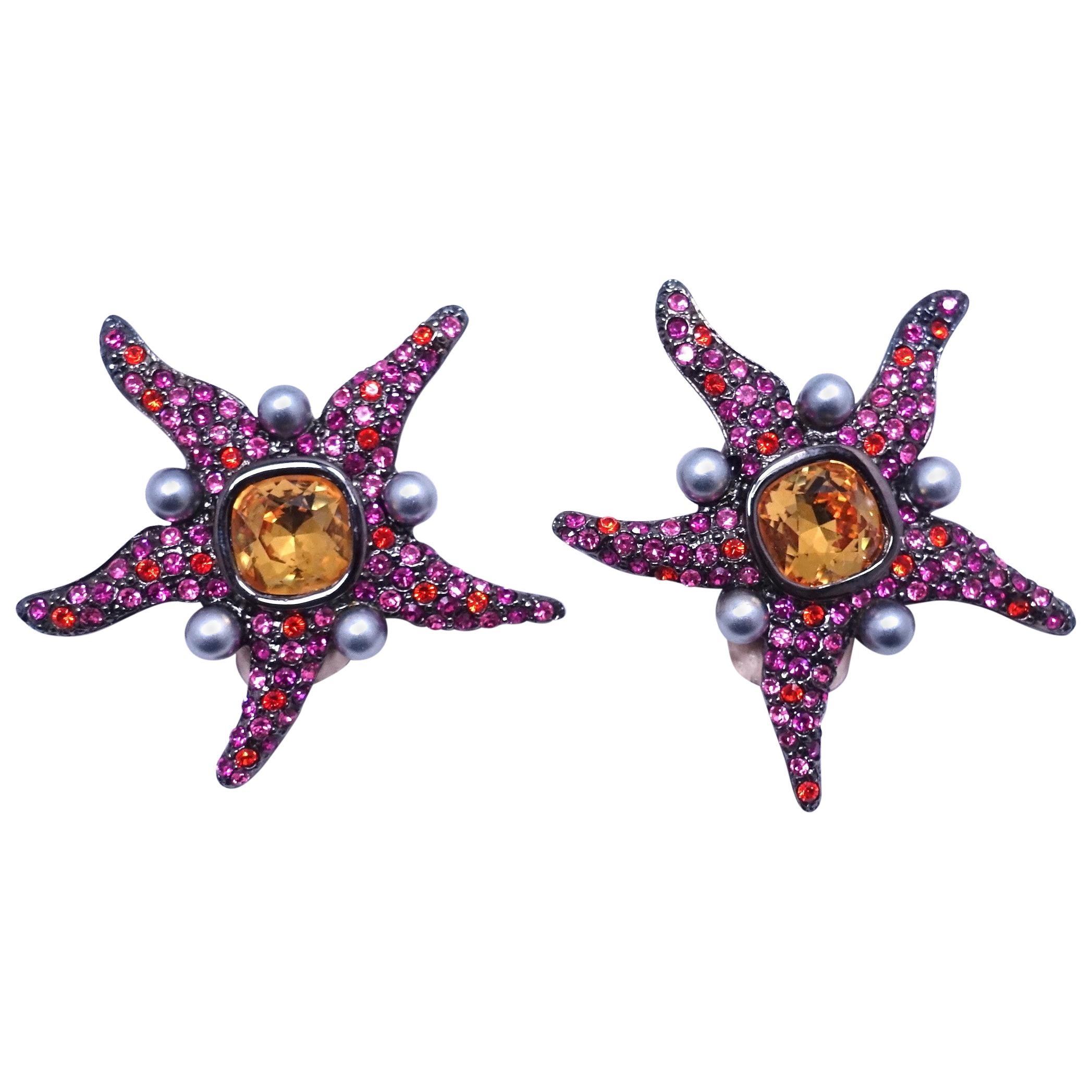 Signed Kenneth Lane Pink & Citrine Crystal Starfish Earrings For Sale