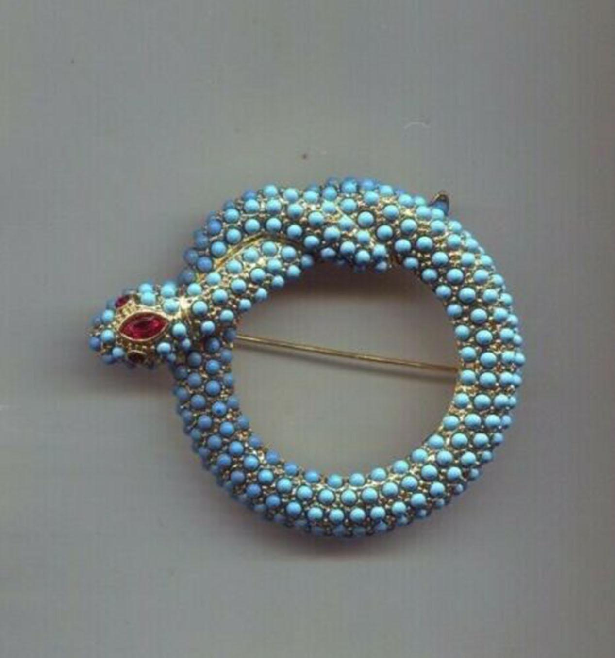 Modernist Signed Kenneth Lane Turquoise Serpent Snake by Kenneth Jay Lane KJL Brooch Pin