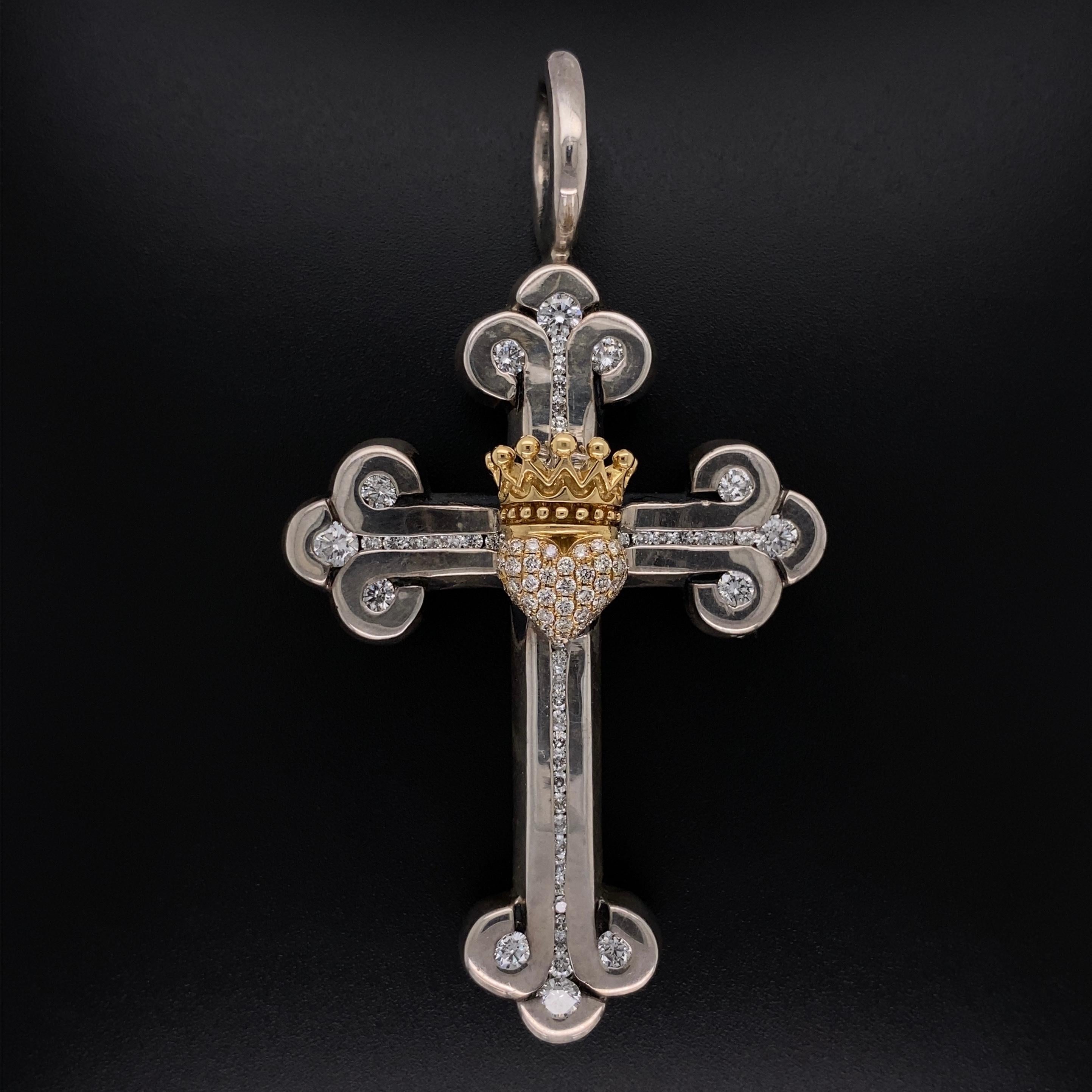 Signed KING BABY Diamond Cross Pendant. Hand set with 2.25tcw Diamonds and Hand crafted in yellow Gold and Sterling Silver. Approx. 3