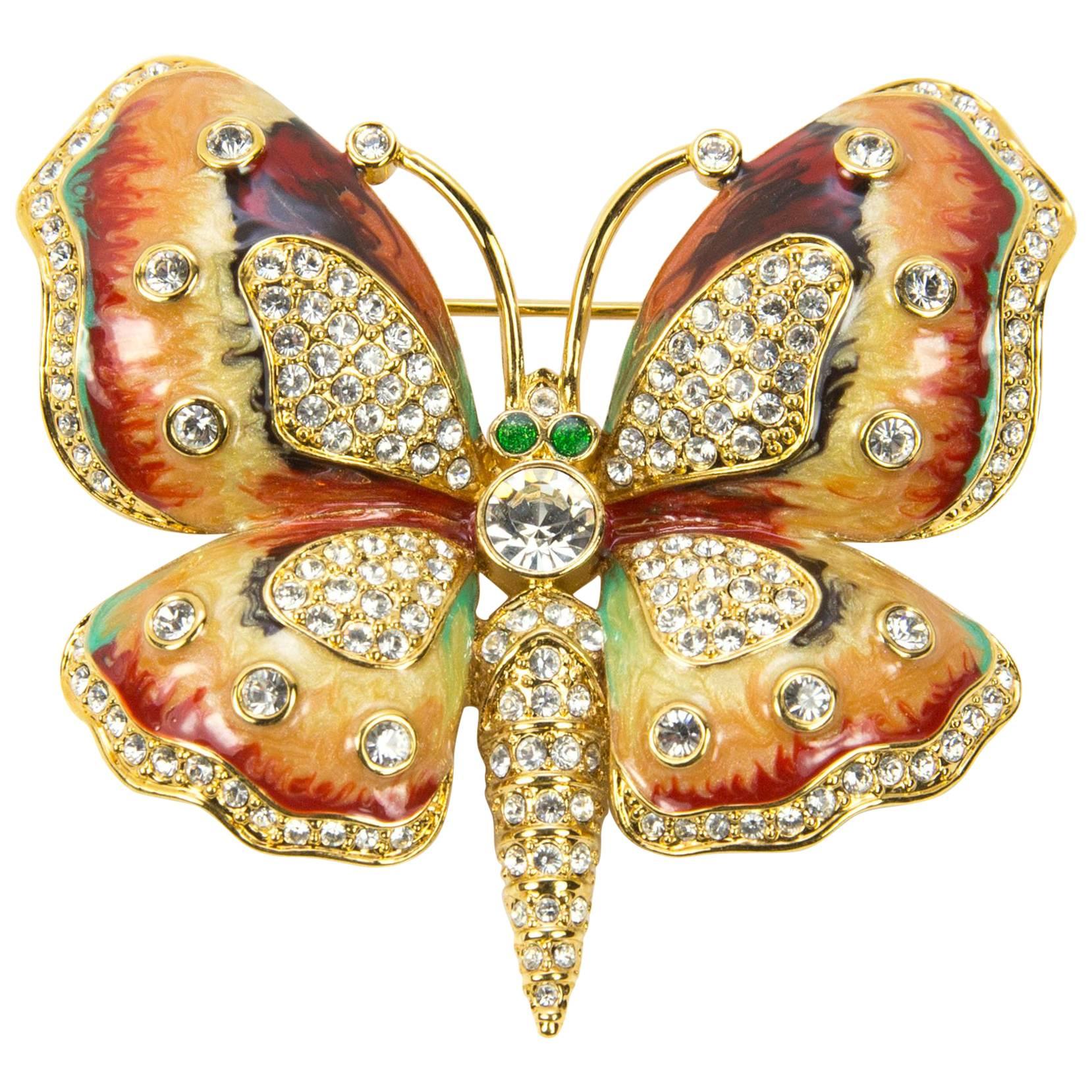 Signed KJL by Kenneth Jay Lane Enamel Faux Diamond Butterfly Brooch Pin For Sale