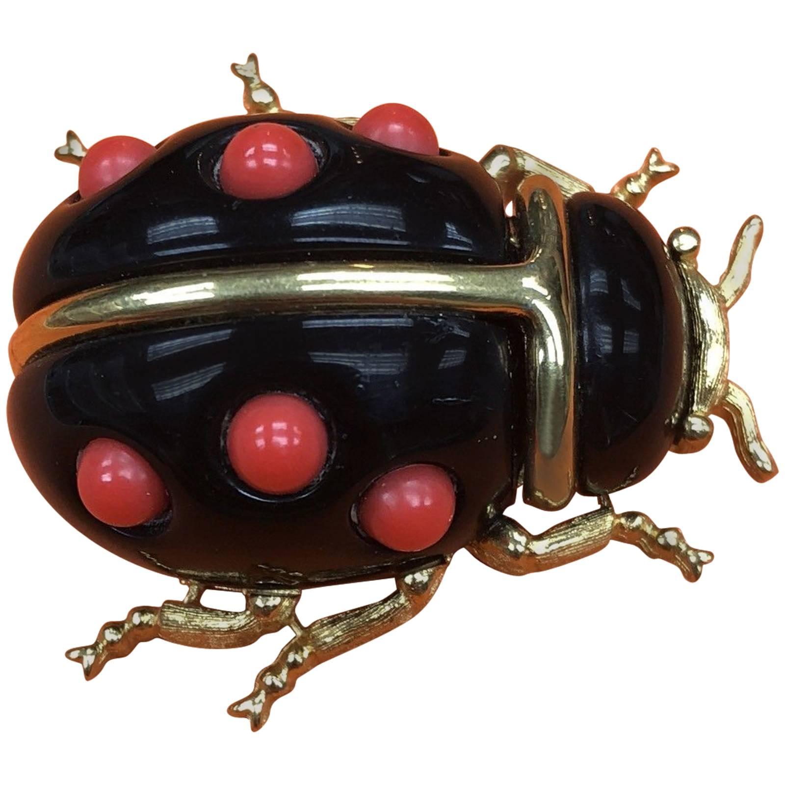 Signed KJL by Kenneth Jay Lane Faux Black Onyx and Faux Coral Ladybug Brooch Pin