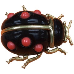 Vintage Signed KJL by Kenneth Jay Lane Faux Black Onyx and Faux Coral Ladybug Brooch Pin