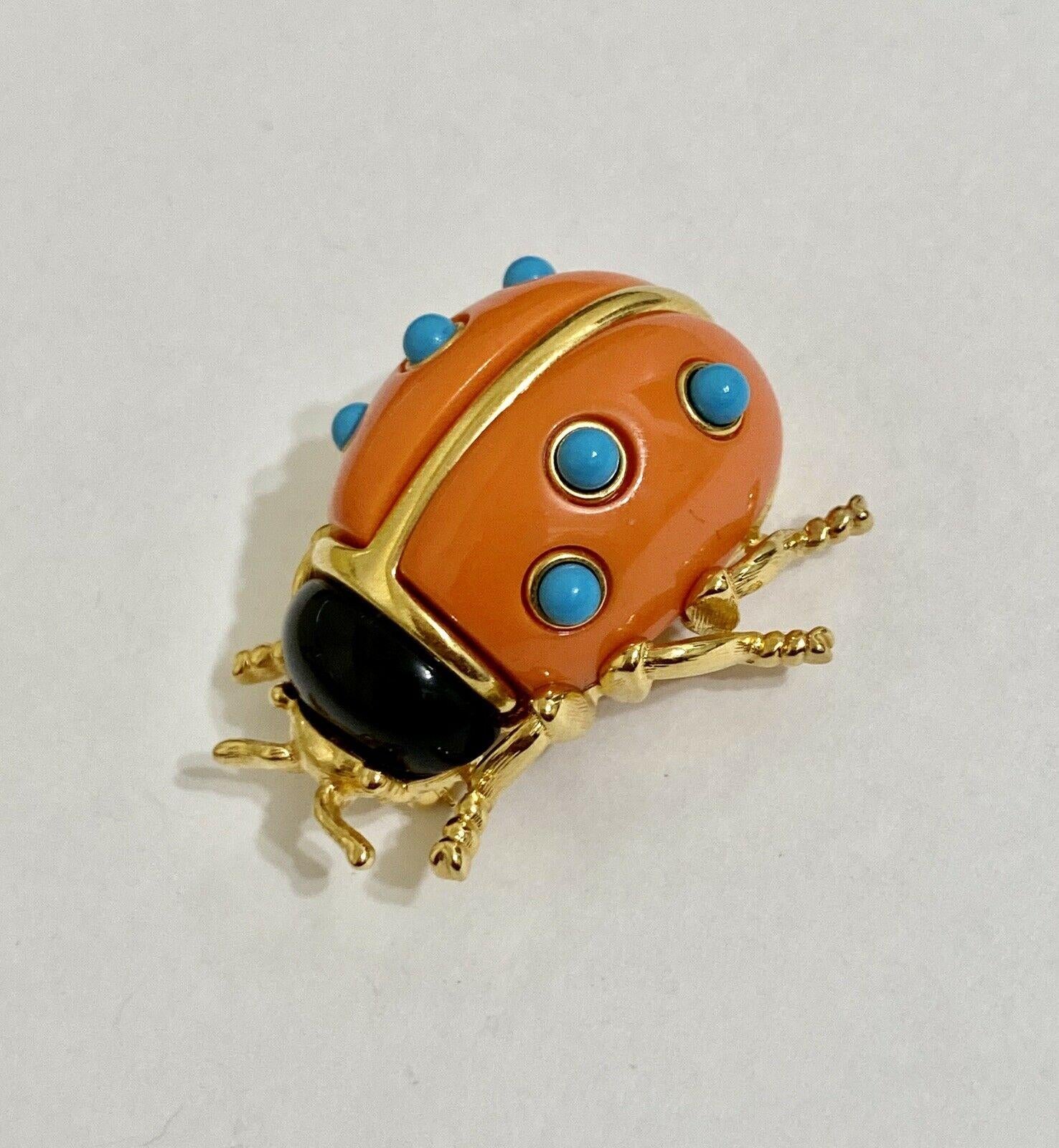 Modernist Signed KJL by Kenneth Jay Lane Faux Coral and Turquoise Ladybug Brooch Pin