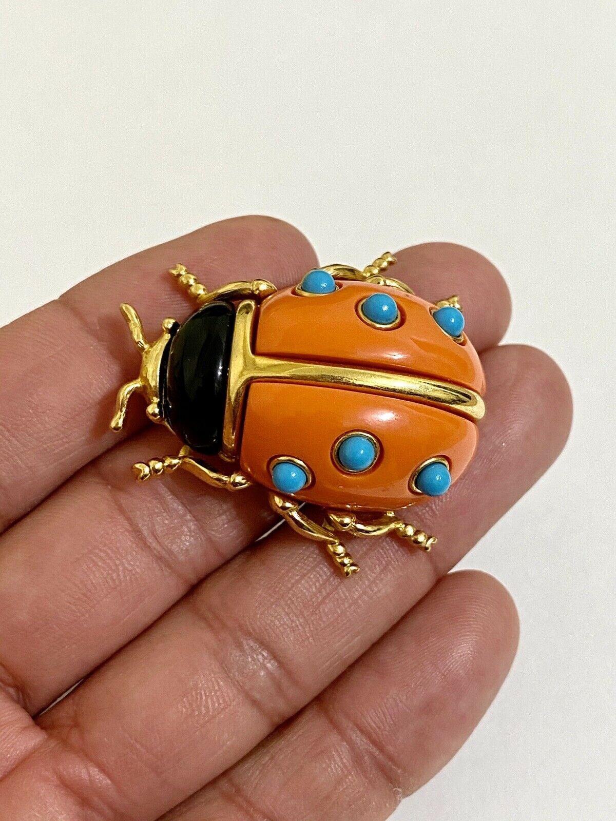 Signed KJL by Kenneth Jay Lane Faux Coral and Turquoise Ladybug Brooch Pin In Excellent Condition In Montreal, QC