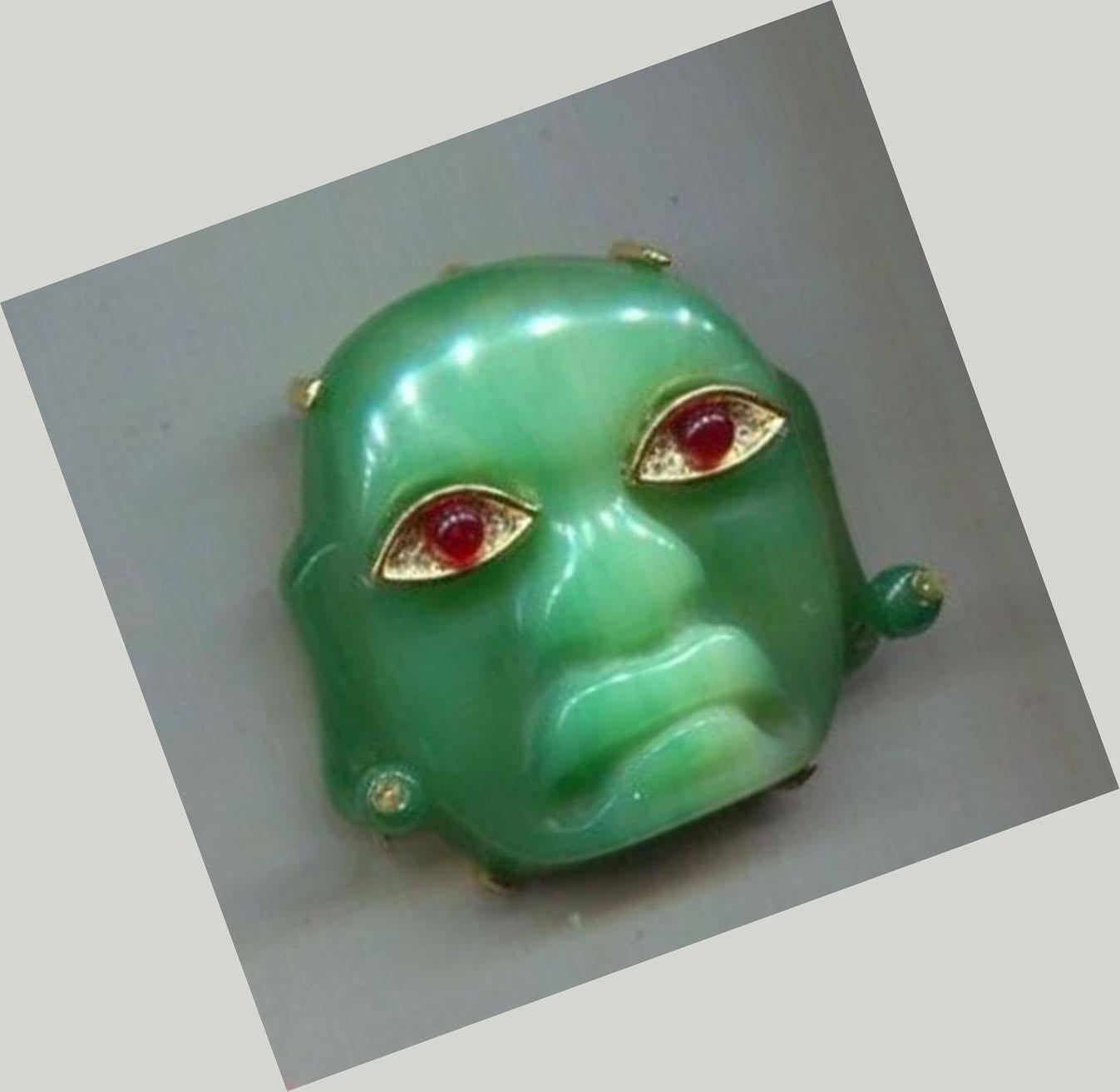 Awesome Kenneth J Lane Exotic carved Lucite Jade Brooch/Pendant with the true appearance of Natural Jade. Signed on reverse: KJL. Approx. size: 2