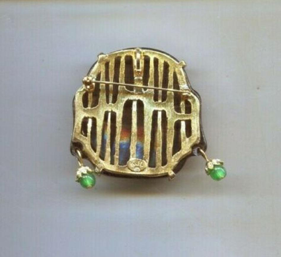 Modernist Kenneth Jay Lane Faux Green Jade Mask Brooch Pin Pendant Signed KJL Estate Find