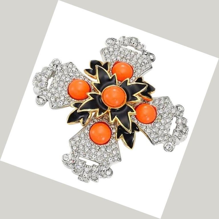 Stunning Vintage Kenneth Jay Lane MALTESE CROSS Pin Brooch Pendant encrusted with CZ Rhinestones and Faux Coral; signed: KJL; approx size:  3