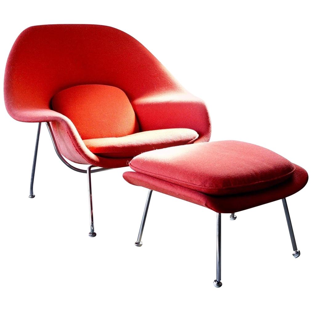 Signed Knoll Mid-Century Modern Eero Saarinen Red Womb Chair with Ottoman