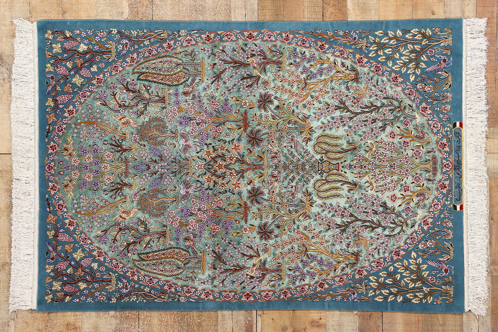 Signed Kork and Silk Blue Persian Tree of Life Tabriz Carpet For Sale 5
