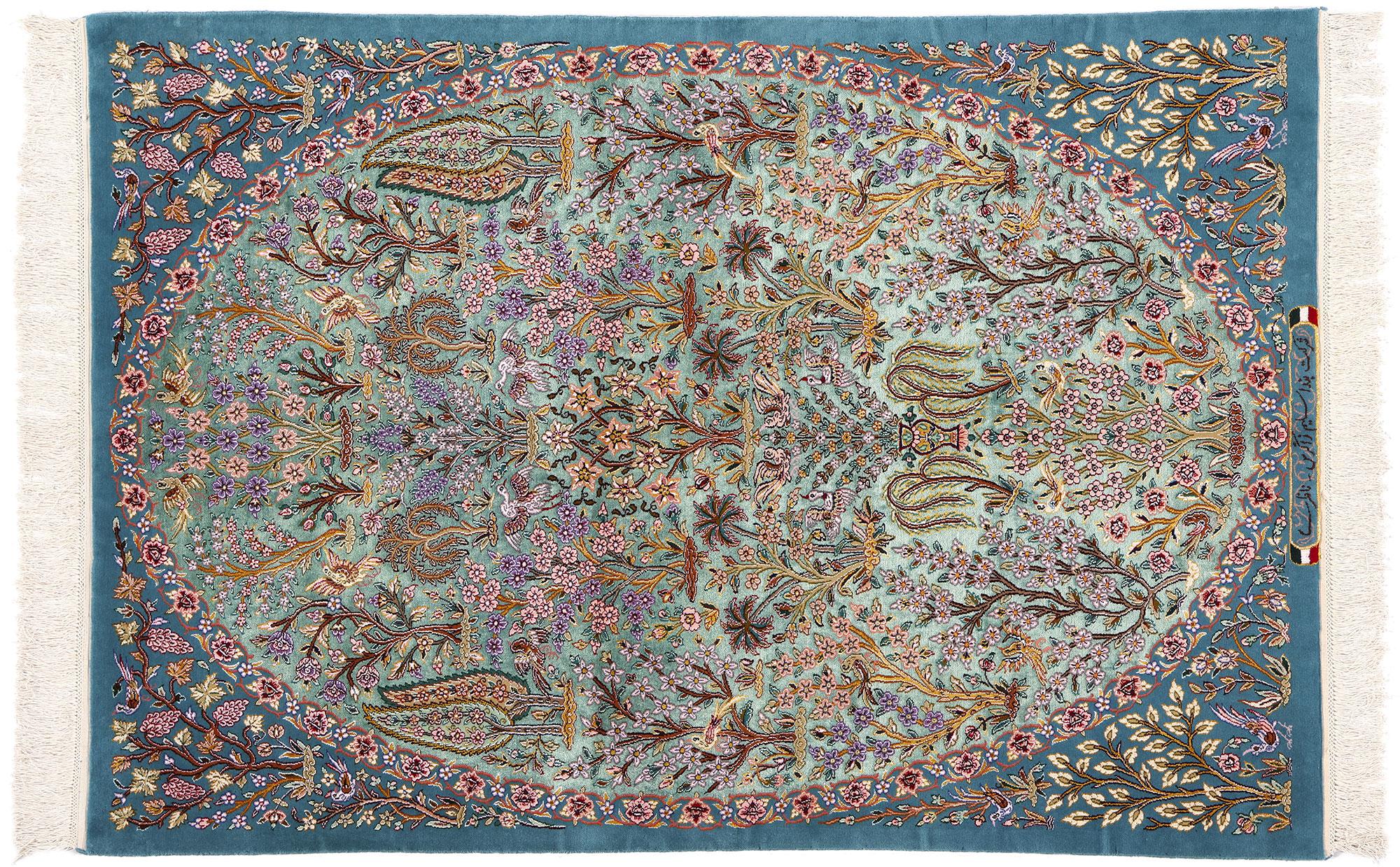 Signed Kork and Silk Blue Persian Tree of Life Tabriz Carpet For Sale 6