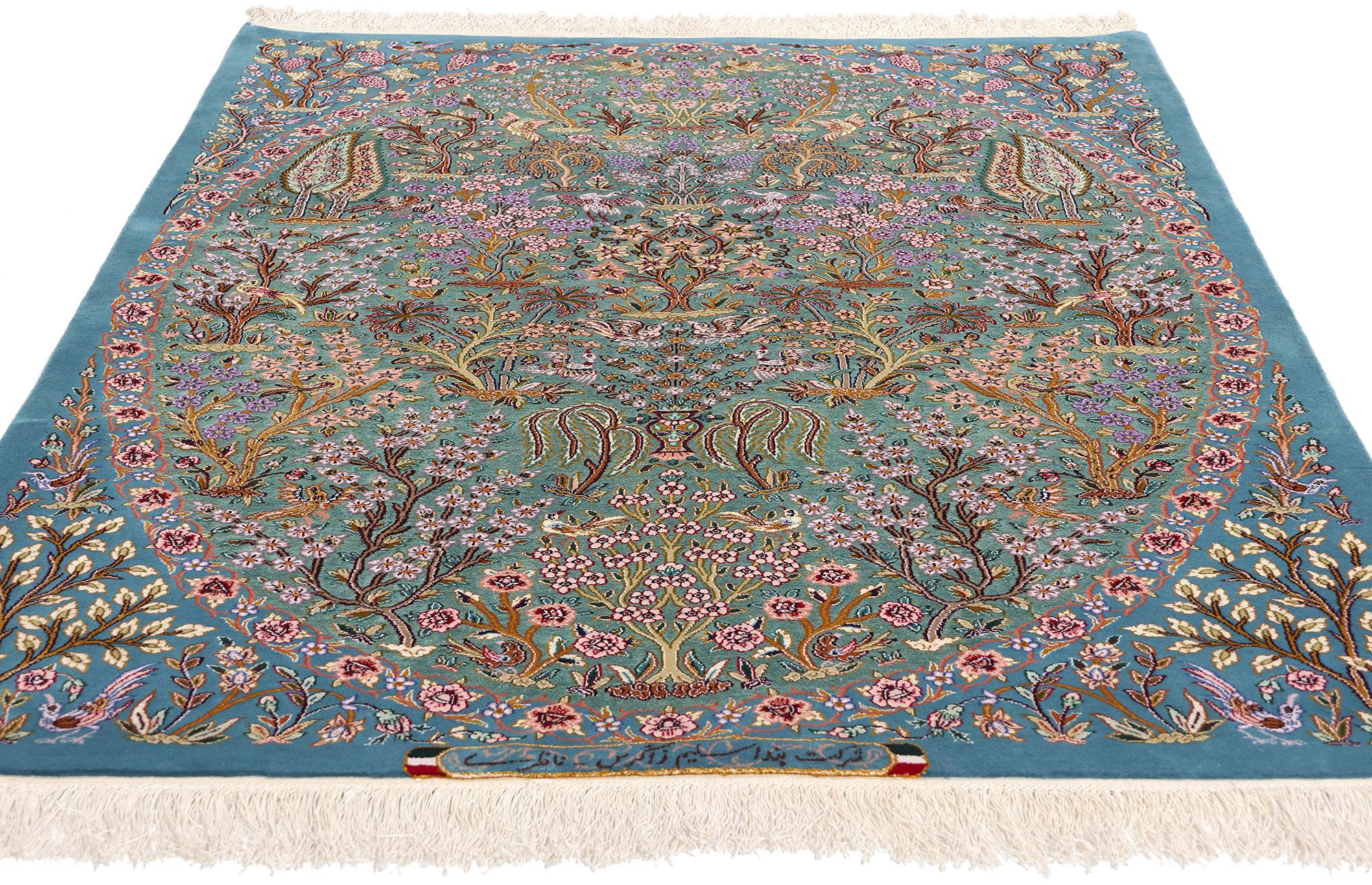 Hand-Knotted Signed Kork and Silk Blue Persian Tree of Life Tabriz Carpet For Sale