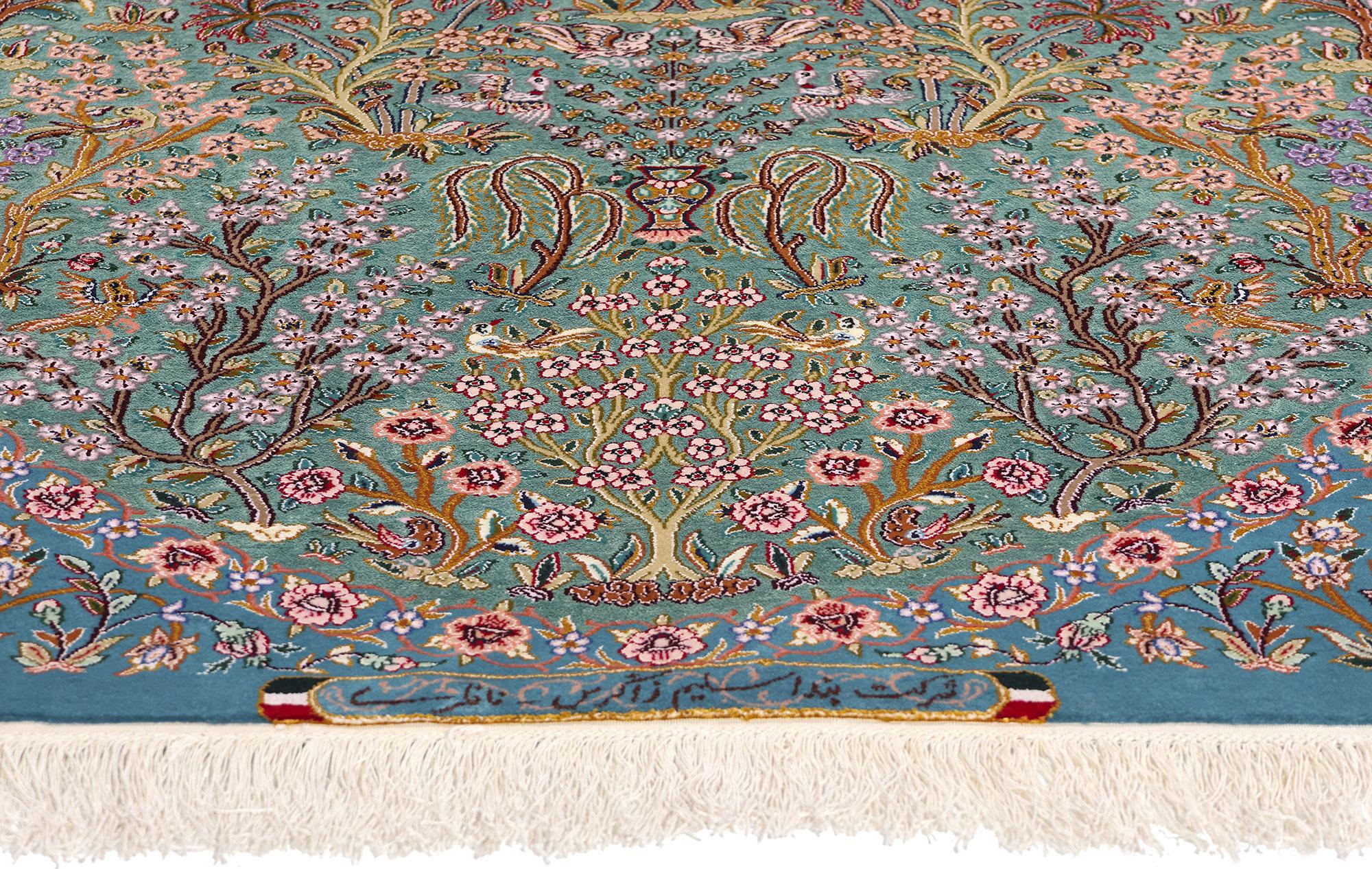 Signed Kork and Silk Blue Persian Tree of Life Tabriz Carpet In Good Condition For Sale In Dallas, TX
