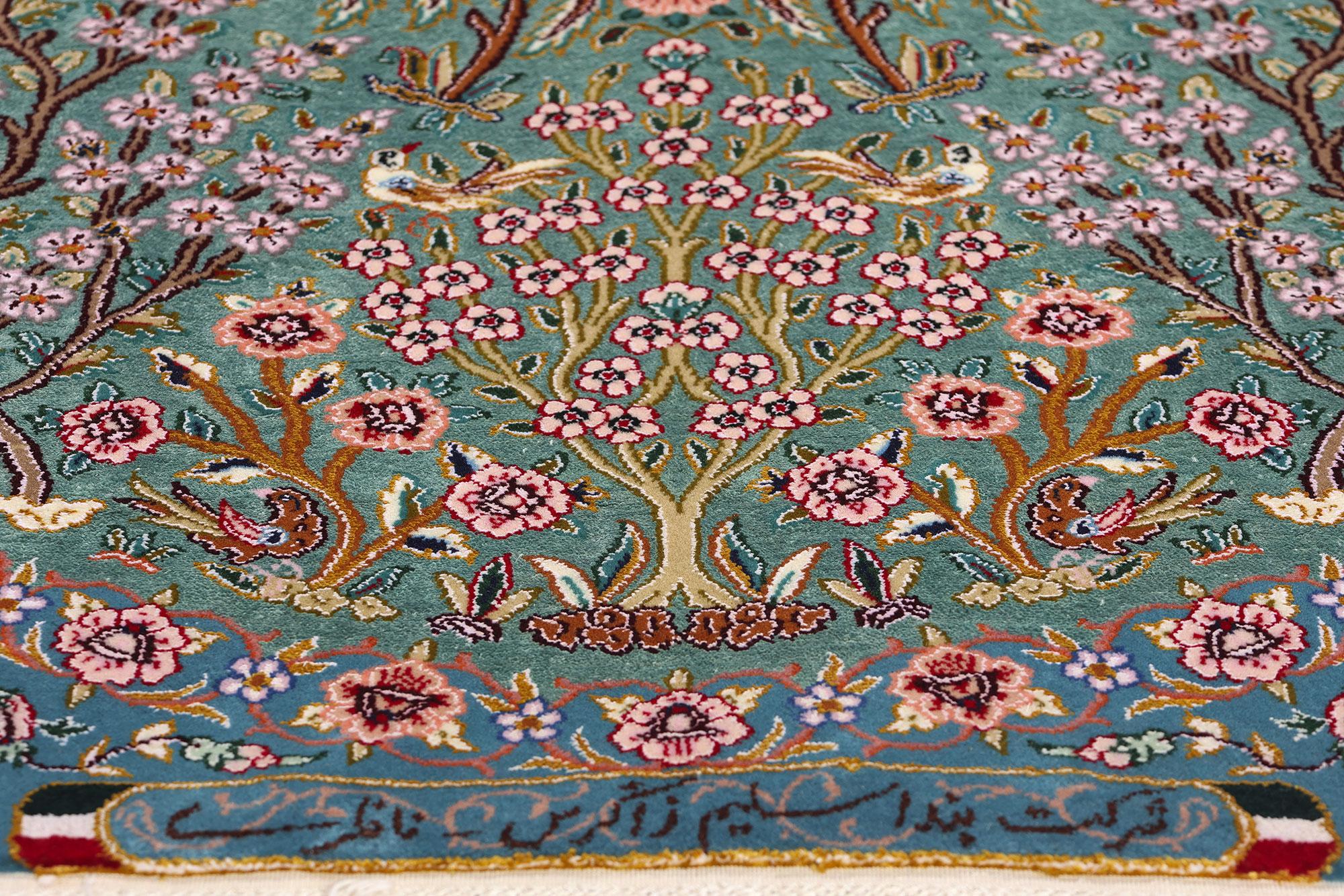 Contemporary Signed Kork and Silk Blue Persian Tree of Life Tabriz Carpet For Sale