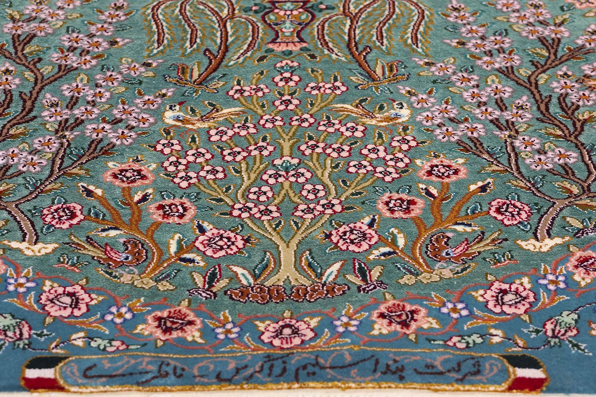 Signed Kork and Silk Blue Persian Tree of Life Tabriz Carpet For Sale 1