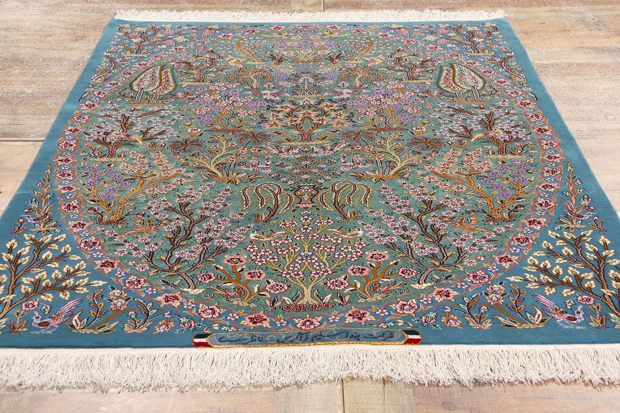 Signed Kork and Silk Blue Persian Tree of Life Tabriz Carpet For Sale 4