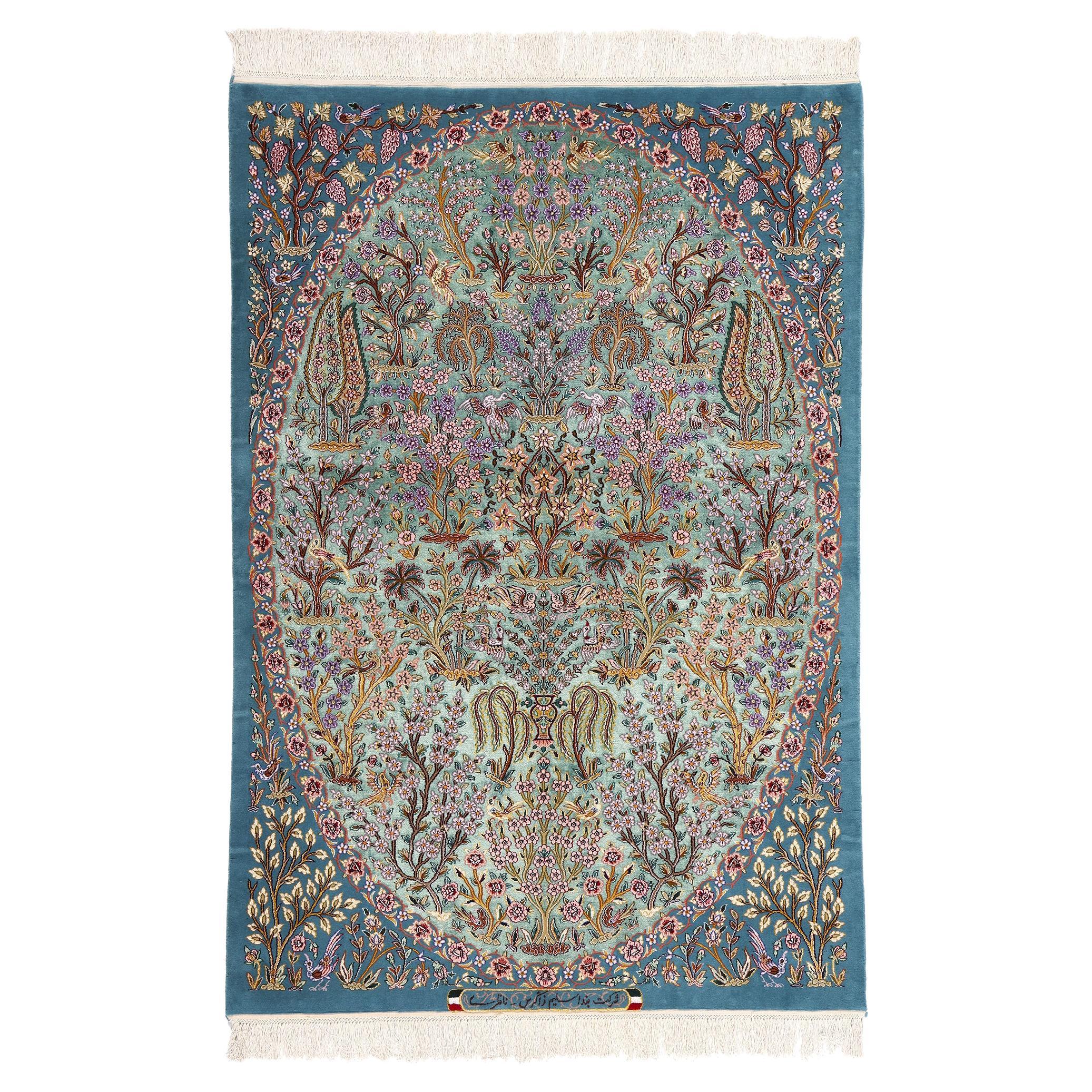 Signed Kork and Silk Blue Persian Tree of Life Tabriz Carpet For Sale