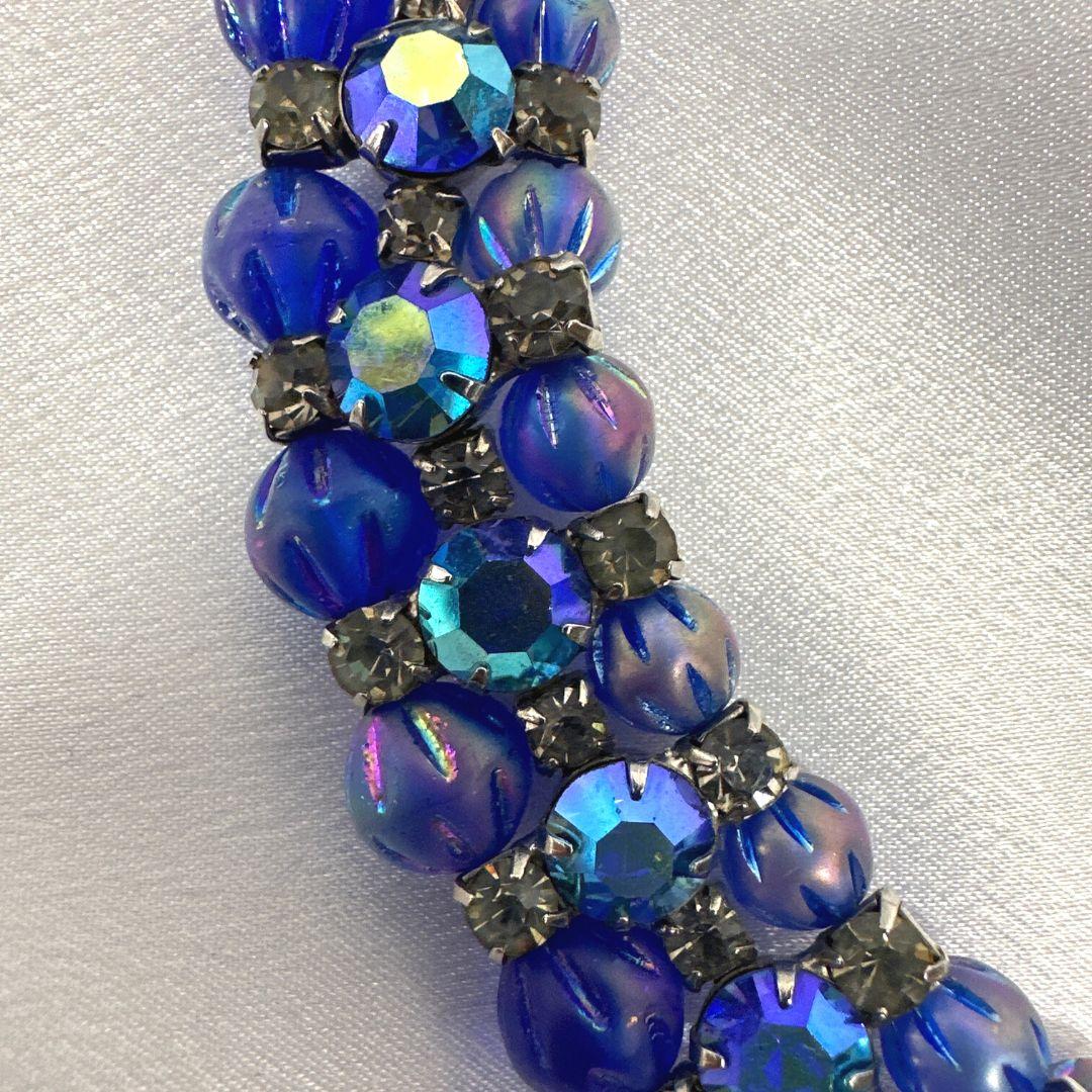 Women's Signed Kramer Shimmery Blue Borealis Glass Vintage Necklace & Earrings Set For Sale
