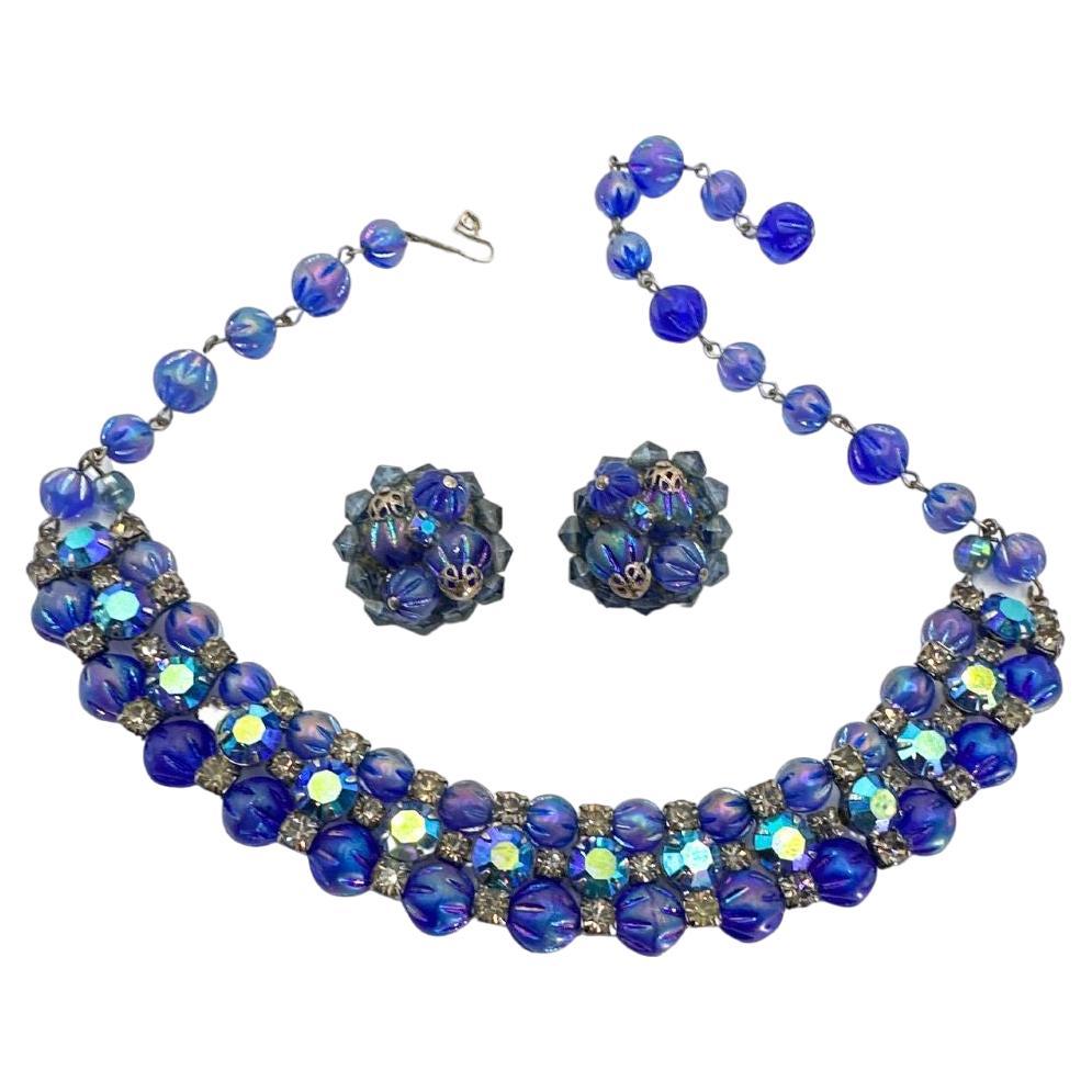Signed Kramer Shimmery Blue Borealis Glass Vintage Necklace & Earrings Set For Sale