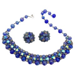 Signed Kramer Shimmery Blue Borealis Glass Vintage Necklace & Earrings Set