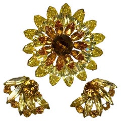 Signed Kramer Vintage  Champagne Sunflower Brooch Clip-on Earring Set