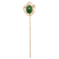 Signed Krementz 14K Gold & Nephrite Jade Cabochon Art Deco Stickpin
