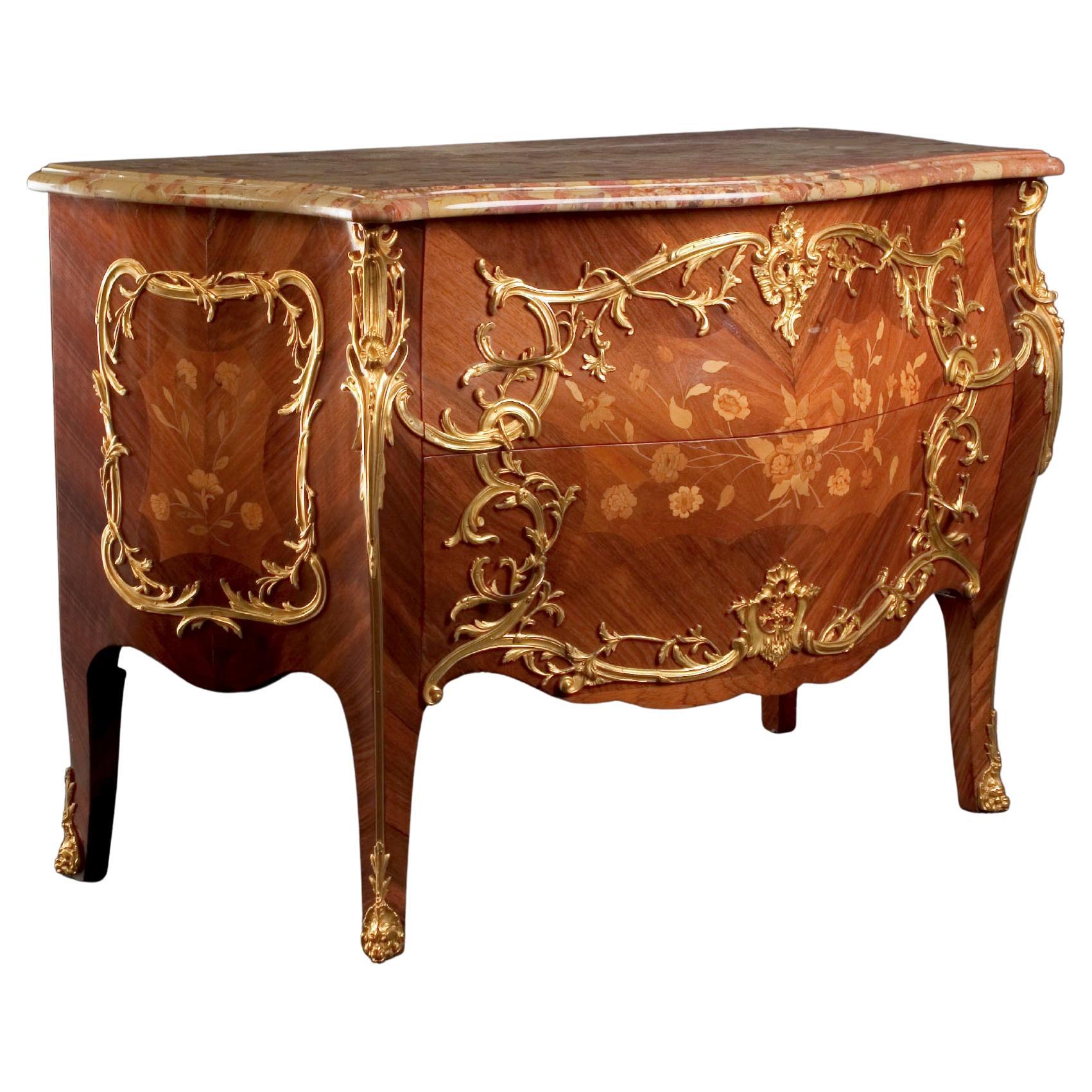 Signed Krieger Louis XV Chest, D’ore Mounts and Marble Top, French 19th Century For Sale