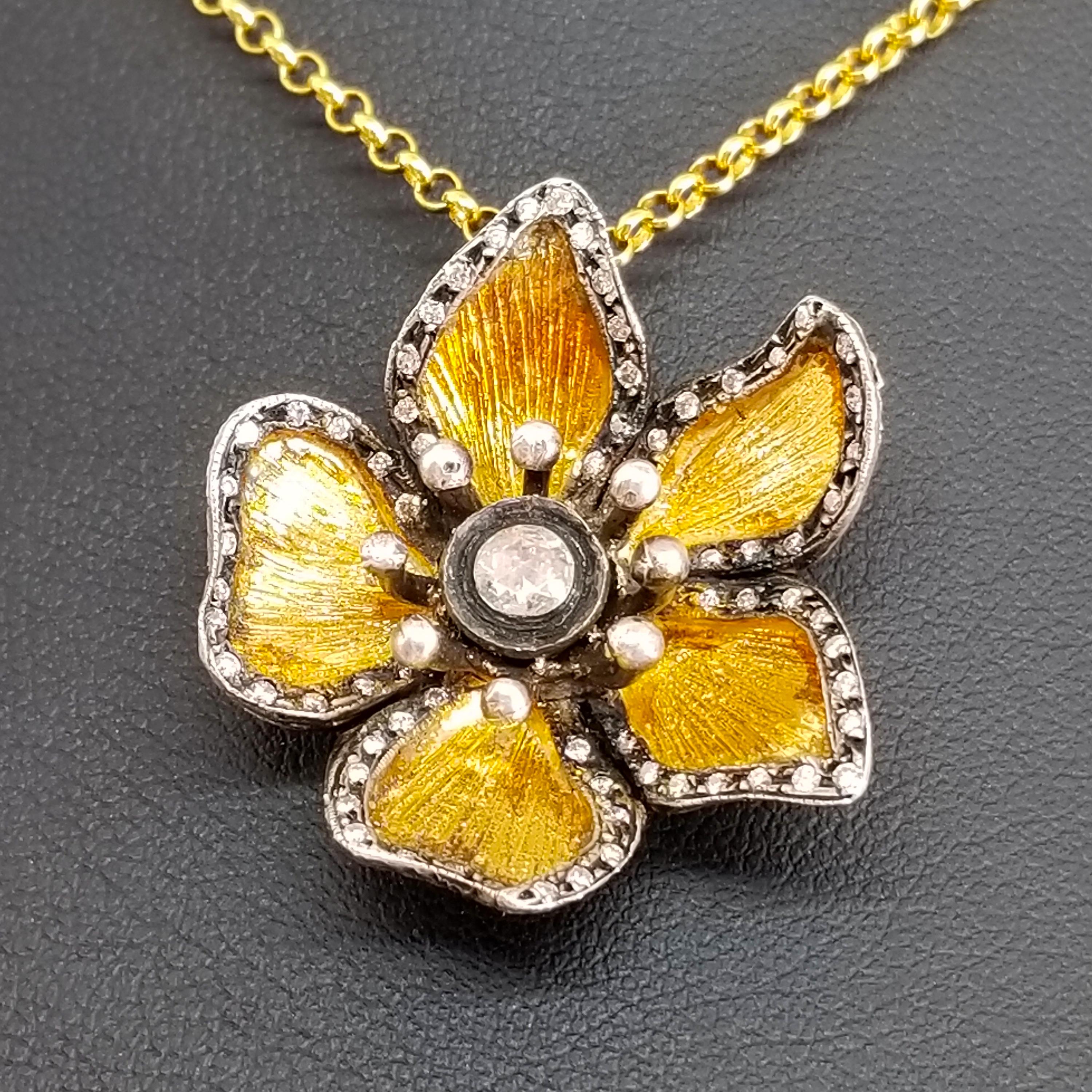 Signed Kurtulan Diamond Flower Pendant and Chain Solid Gold 24 Karat with Silver For Sale 2