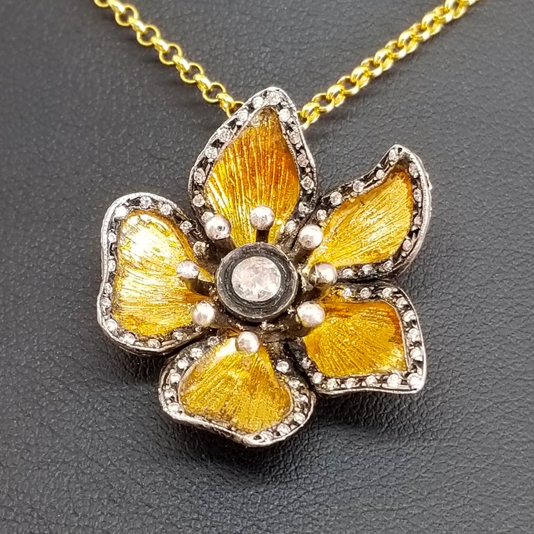 Signed Kurtulan Diamond Flower Pendant and Chain Solid Gold 24 Karat with Silver For Sale 5