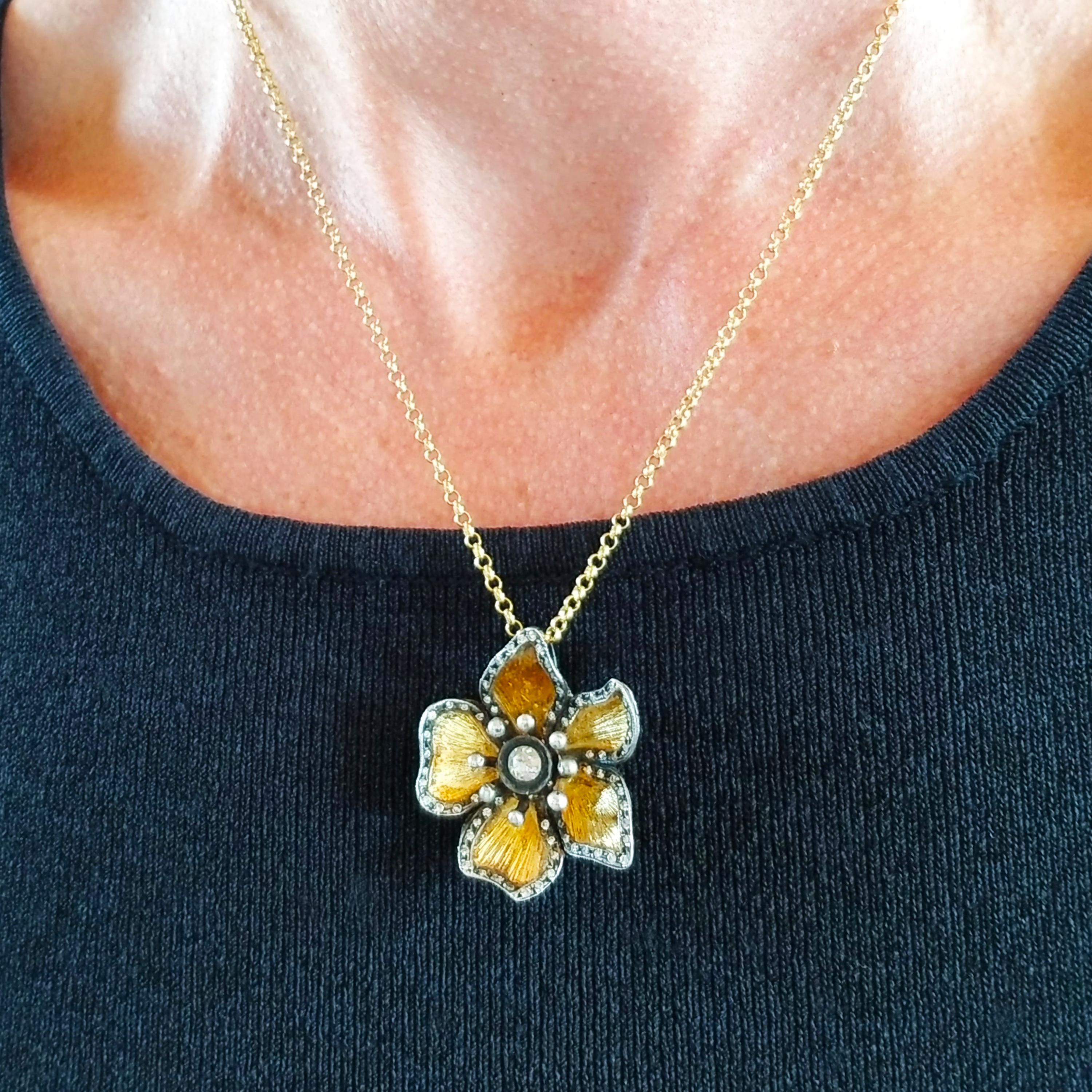 Signed Kurtulan Diamond Flower Pendant and Chain Solid Gold 24 Karat with Silver For Sale 3