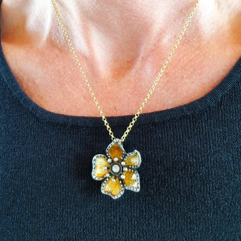 Signed Kurtulan Diamond Flower Pendant and Chain Solid Gold 24 Karat with Silver For Sale 6