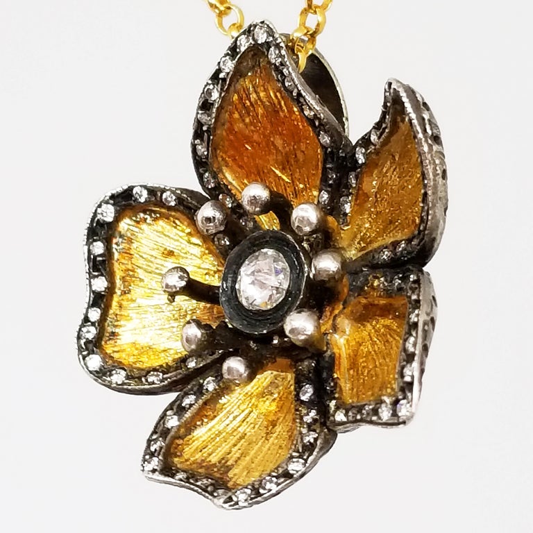 One entirely Hand Crafted Necklace, Pendant and Chain,  made in Turkey by the Husband and Wife Team at Kurtulan, Naci and Meltem. The Statement Flower Pendant is a Signature Piece for any wearer. The Five Petal Flower features a central, bezel set,