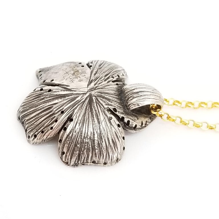 Signed Kurtulan Diamond Flower Pendant and Chain Solid Gold 24 Karat with Silver For Sale 2