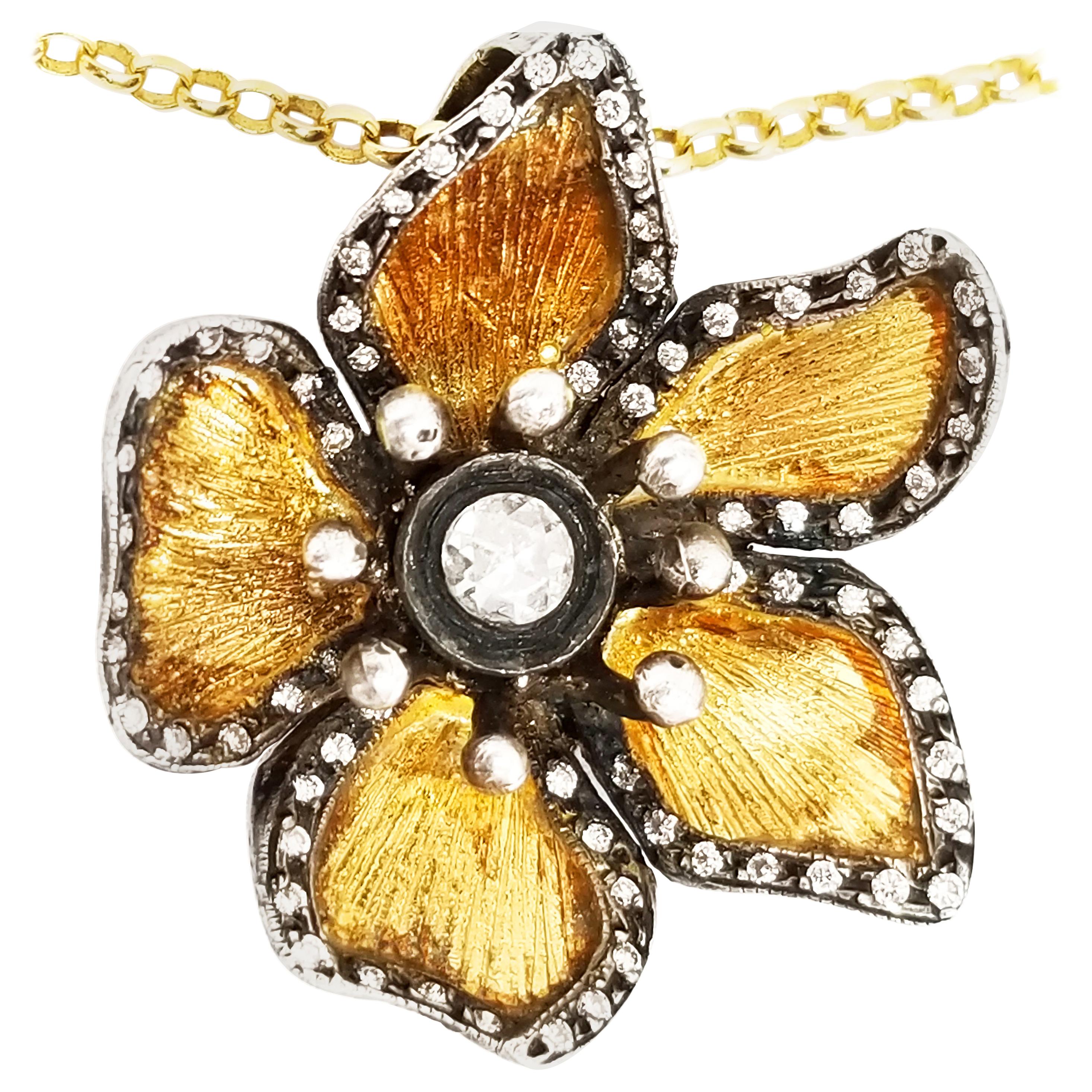 Signiert Kurtulan Diamant-Blumenanhänger und Kette aus massivem Gold 24 Karat mit Silber