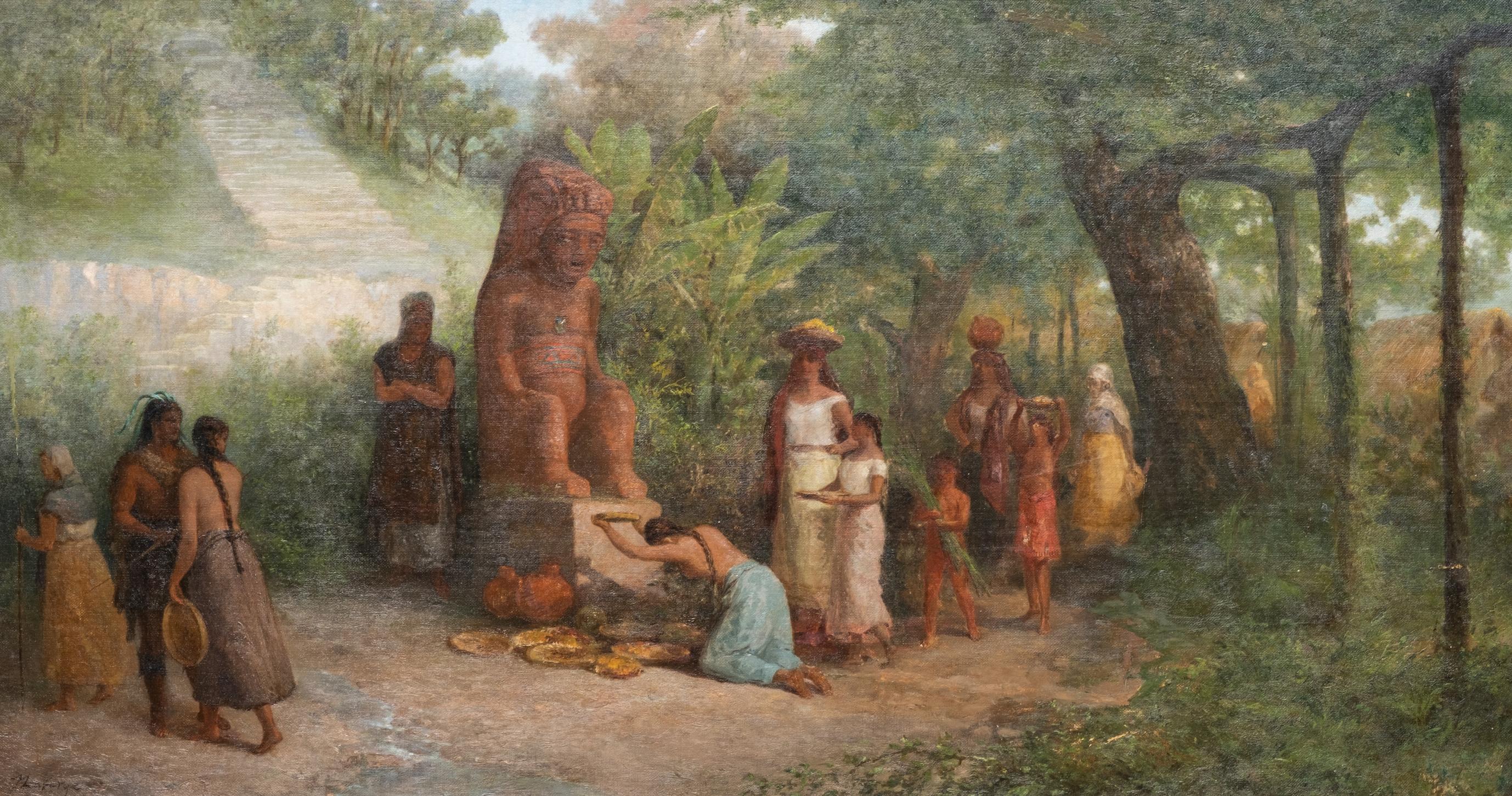A  late19th century oil on canvas, signed lower left, La Farge. Depicting figures in a tropical setting making offerings to a sculpted figure. In period giltwood frame having various marks to verso and brass plate to front, as well as brass