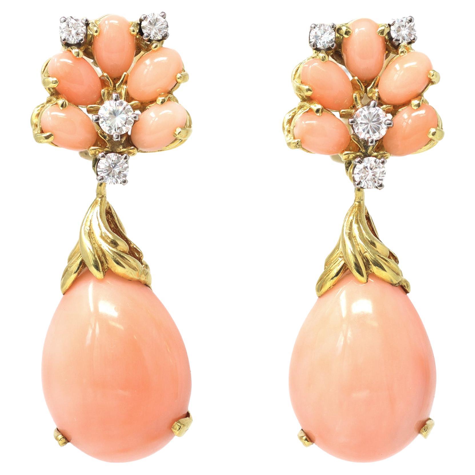 Signed La Triomphe Coral  & Diamond Dangling Earrings in 18K For Sale