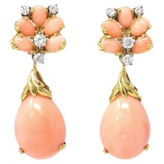 Vintage Signed La Triomphe Coral  & Diamond Dangling Earrings in 18K