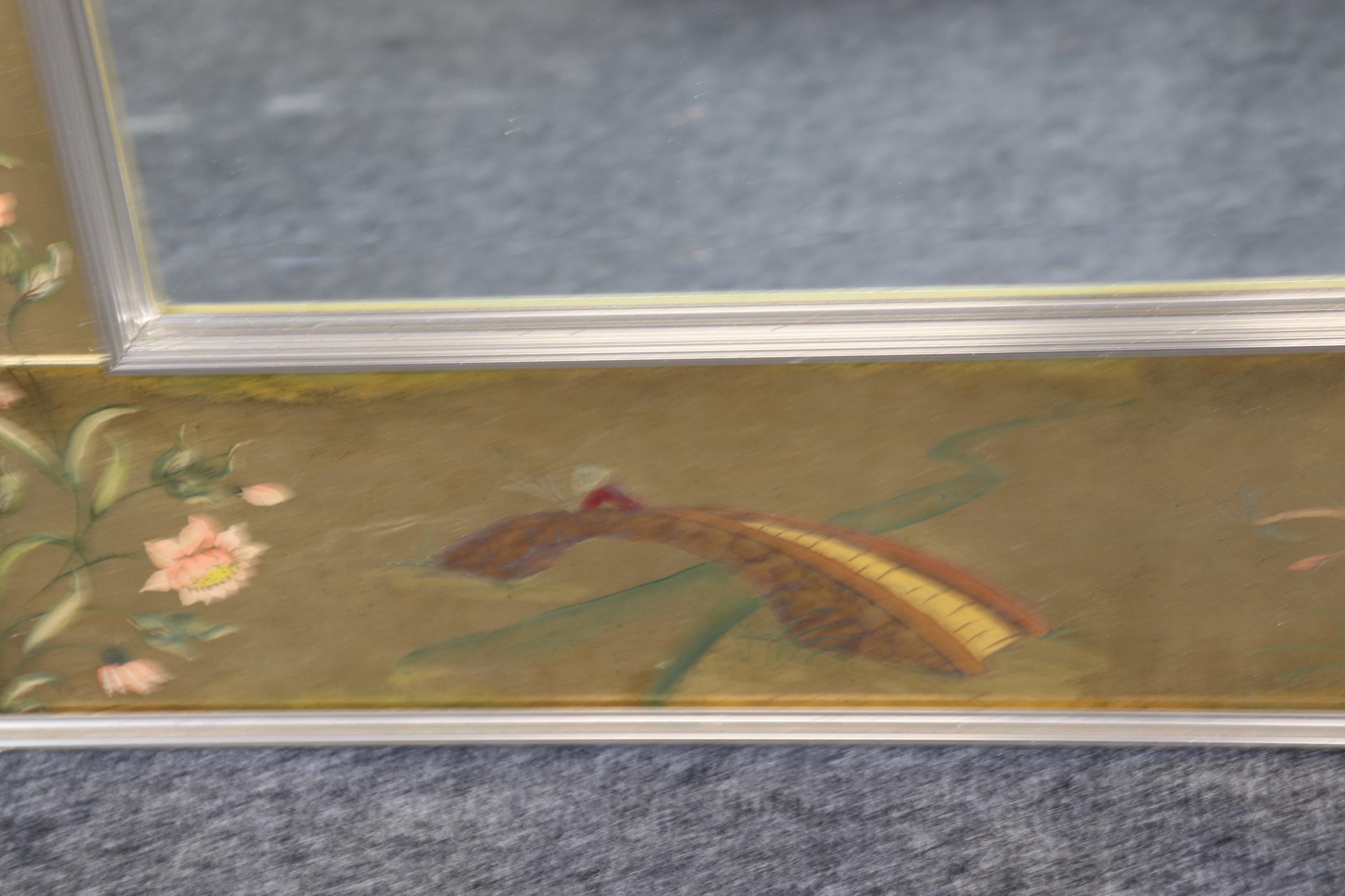 Signed LaBarge Eglomise Chinoiserie Paint Decorated Beveled Glass Wall Mirror 5