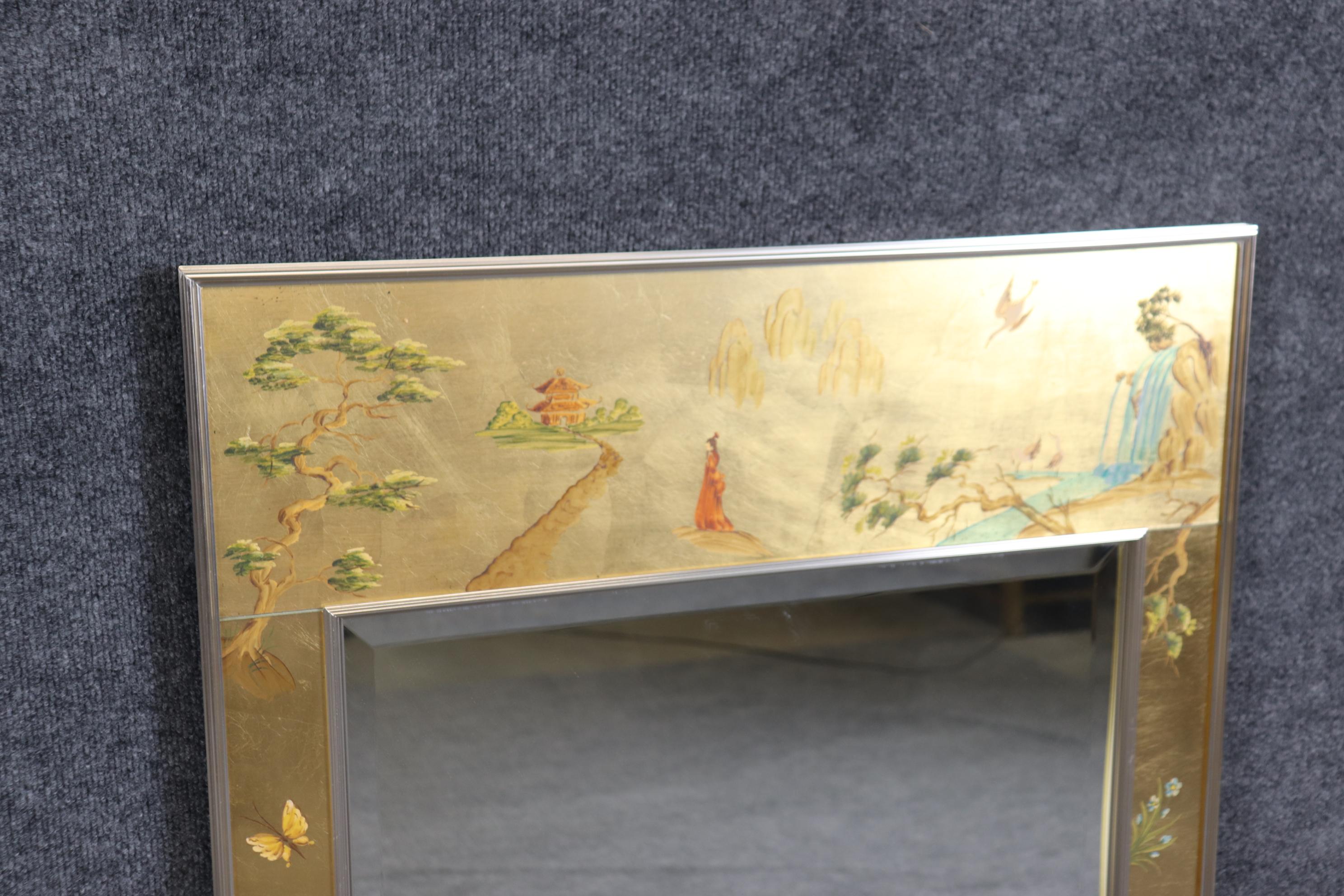 European Signed LaBarge Eglomise Chinoiserie Paint Decorated Beveled Glass Wall Mirror