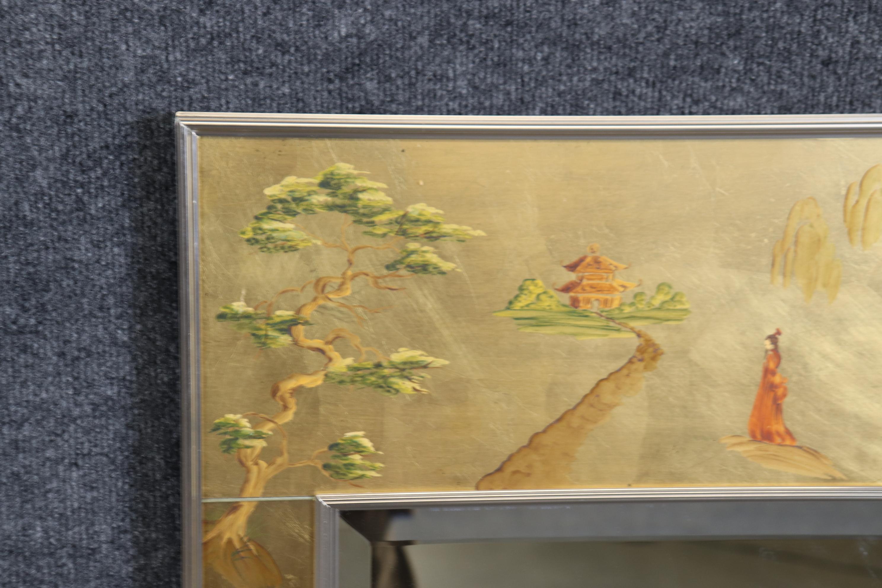 Signed LaBarge Eglomise Chinoiserie Paint Decorated Beveled Glass Wall Mirror In Good Condition In Swedesboro, NJ
