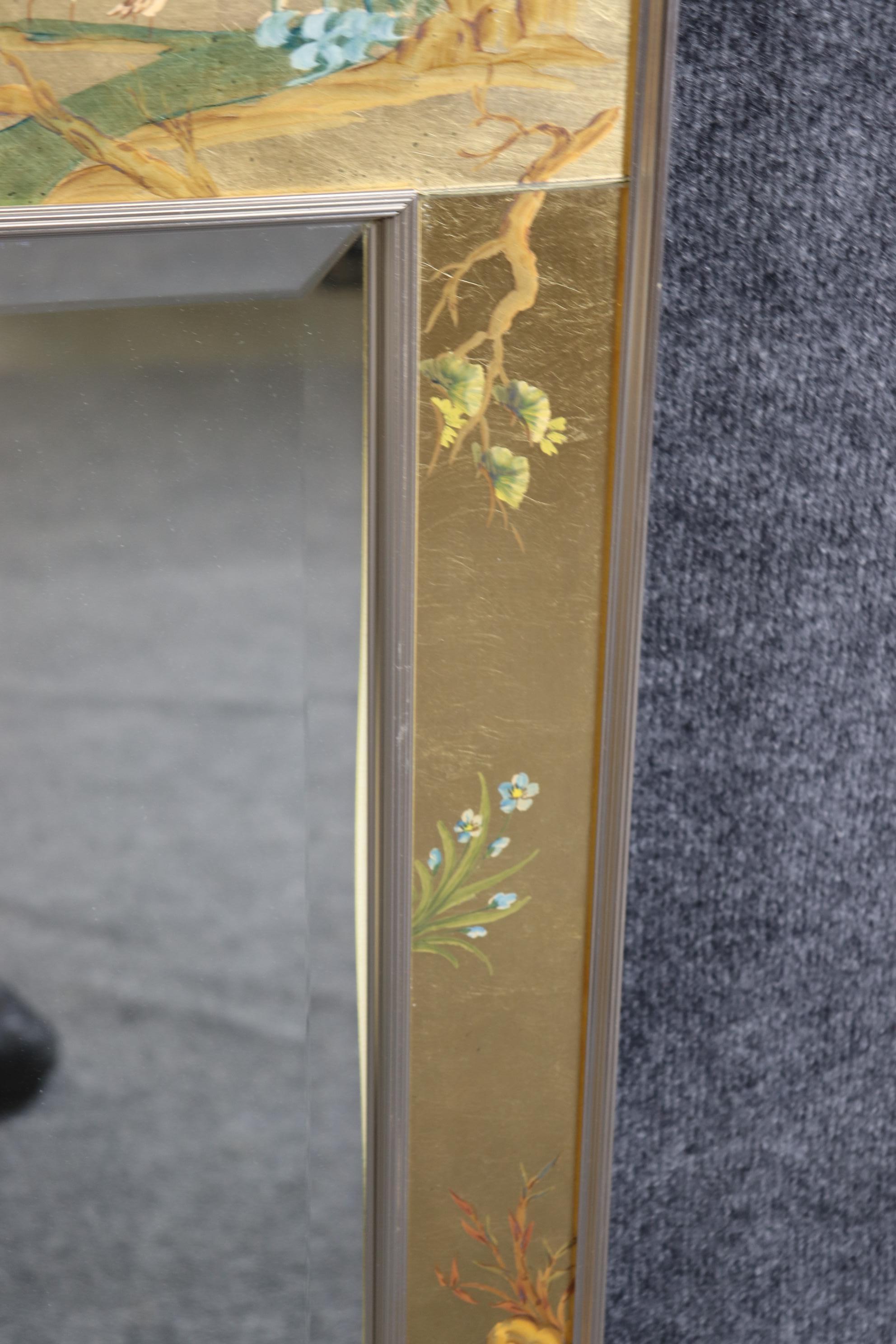 Signed LaBarge Eglomise Chinoiserie Paint Decorated Beveled Glass Wall Mirror 1