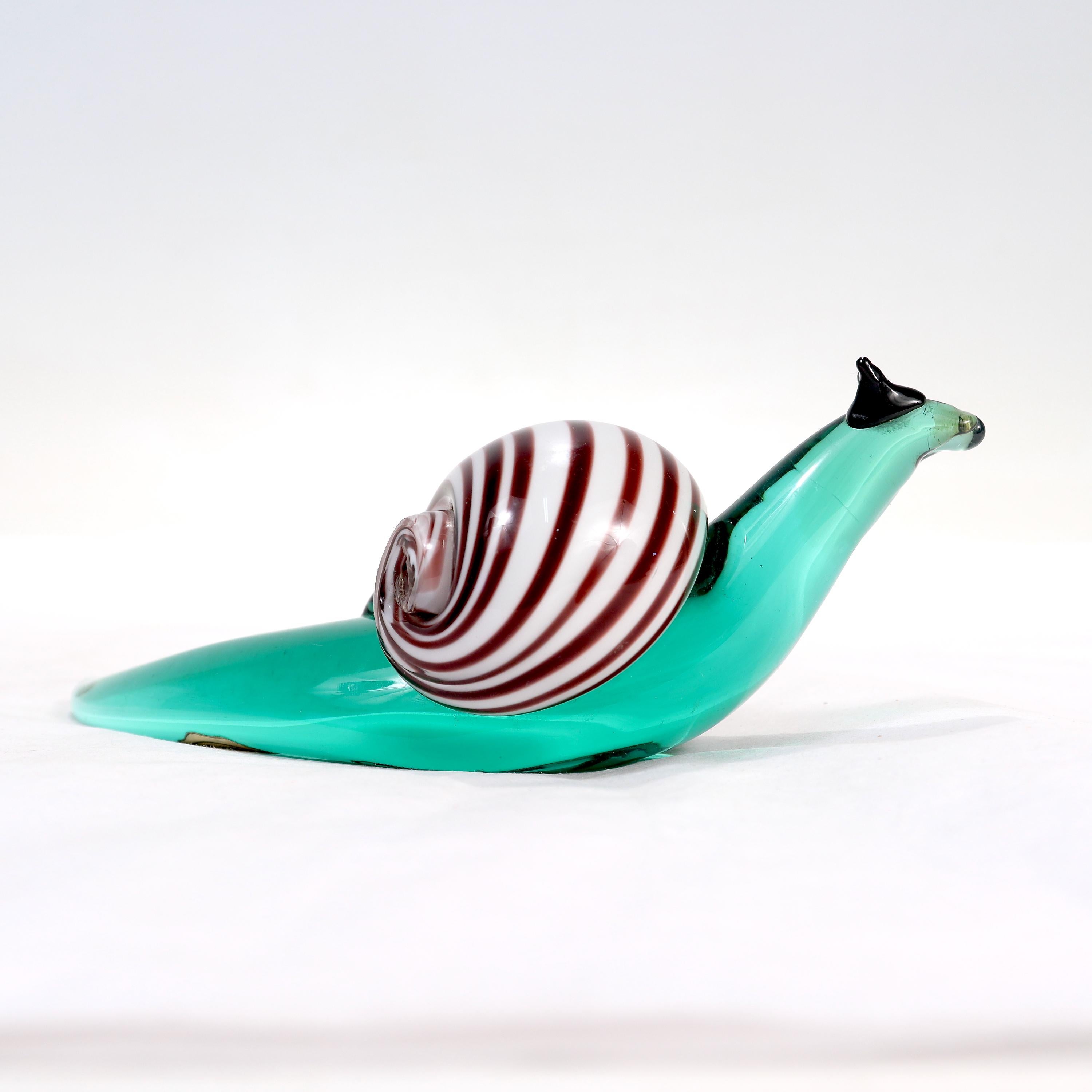 Mid-Century Modern Signed & Labeled Salviati Venetian / Murano Art Glass Snail Paperweight Figurine For Sale