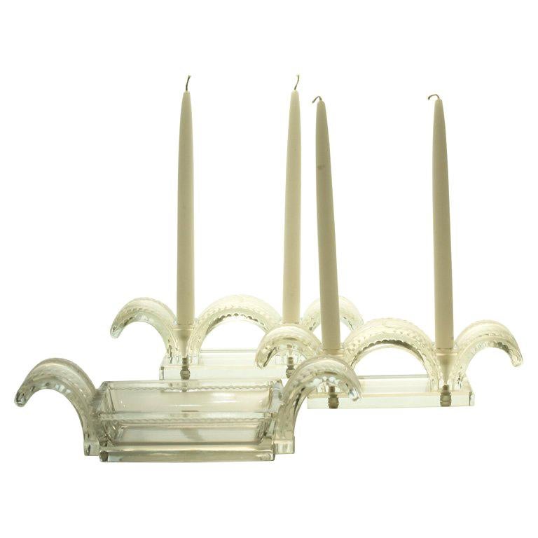 Signed 3-Piece Lalique Art Deco Crystal Console Centerpiece, Set For Sale