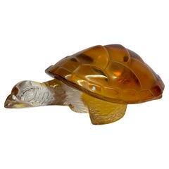 Signed Lalique "Caroline" Amber and Clear Crystal Turtle Sculpture / Paperweight