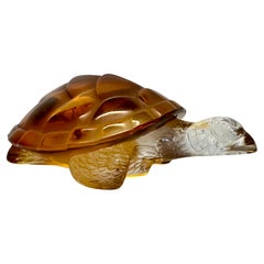 Signed Lalique "Caroline" Amber and Clear Crystal Turtle Sculpture / Paperweight