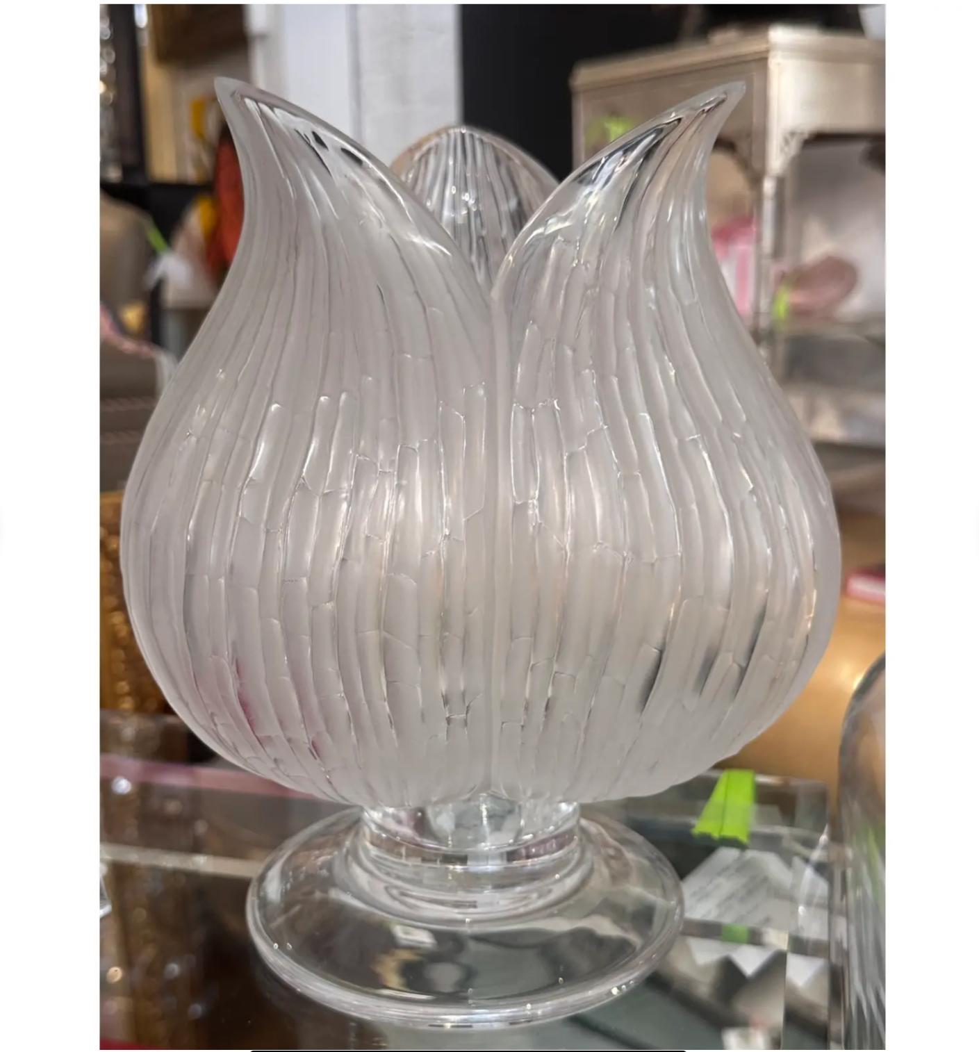 Signed Lalique French Crystal Three Petal Footed Flower Vase.