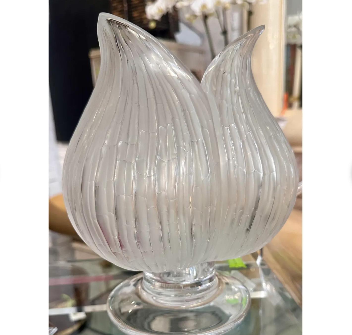Modern Signed Lalique French Crystal Three Petal Footed Flower Vase For Sale